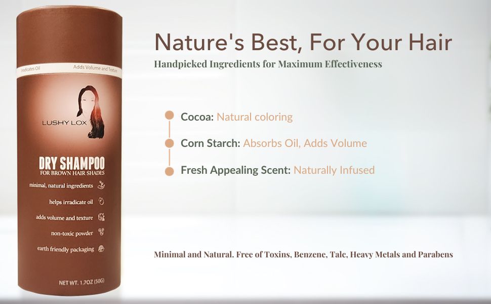 dry shampoo powder ingredients brunette cocoa corn starch natural no toxins no benzene 