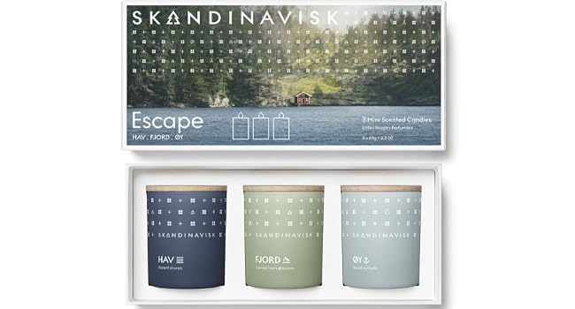 Set of three scented candles in matte glass jars with minimalist labels. Packaged in a white box with forest imagery and 'Skandinavisk' branding.