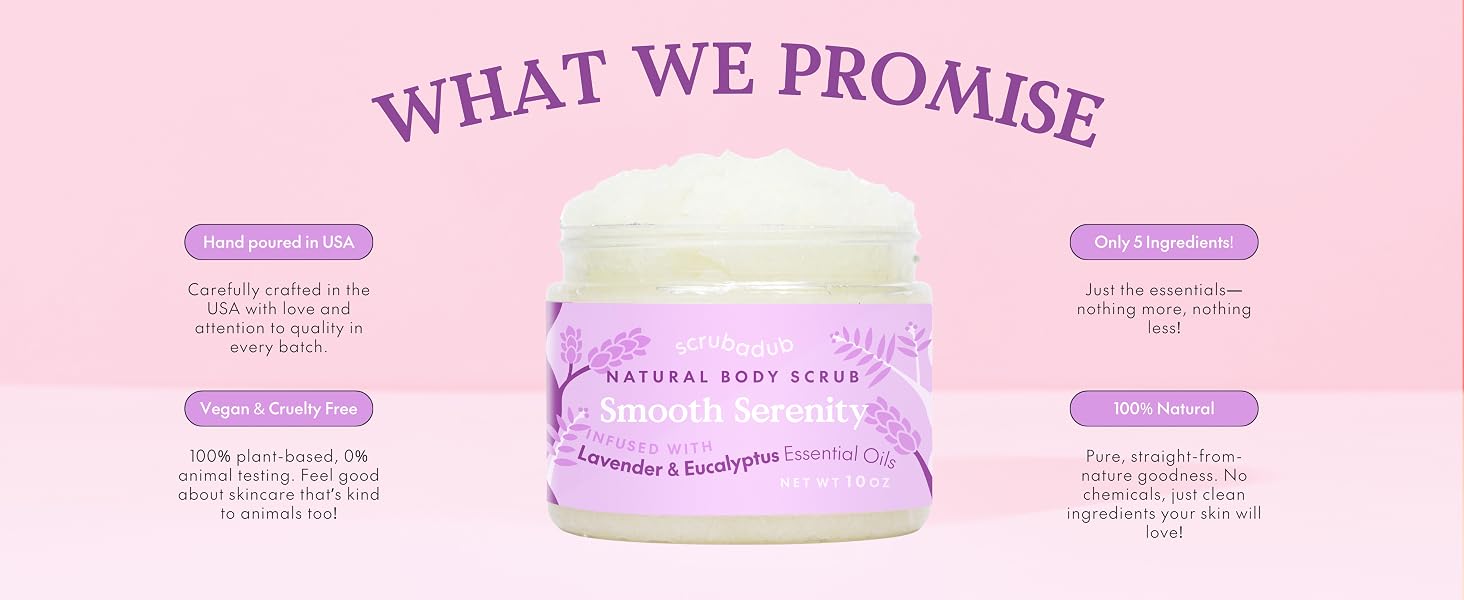 Scrubadub natural body scrub, hand-poured in USA, vegan, cruelty-free, 5 ingredients.