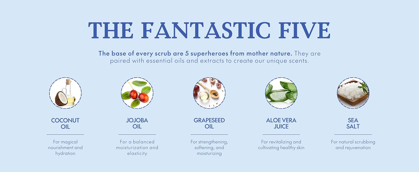 Scrubadub body scrub ingredients: coconut oil, jojoba oil, grapeseed oil, aloe vera, sea salt.