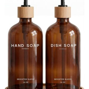 Amber Glass Hand and Dish Soap Dispenser Set by Brighter Barns - Kitchen Soap Dispenser Set with Tray for Kitchen, Airbnb, Vacation Rental or Restaurant - Modern Kitchen Decor & Accessories (Amber)