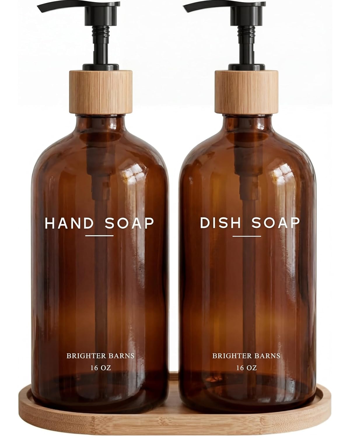 Amber Glass Hand and Dish Soap Dispenser Set by Brighter Barns - Kitchen Soap Dispenser Set with Tray for Kitchen, Airbnb, Vacation Rental or Restaurant - Modern Kitchen Decor & Accessories (Amber)