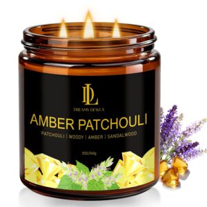 Amber Patchouli Scented Candle, 12oz 60 Hour Long Lasting Candles, Large 3 Wick Natural Soy Candles for Home Scented, Candle Gifts for Women Men