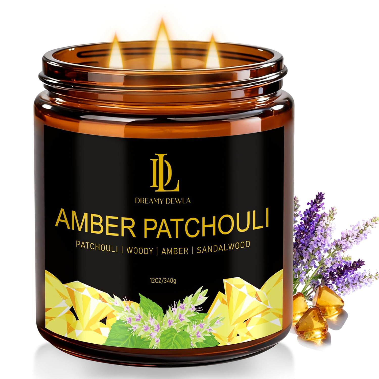 Amber Patchouli Scented Candle, 12oz 60 Hour Long Lasting Candles, Large 3 Wick Natural Soy Candles for Home Scented, Candle Gifts for Women Men