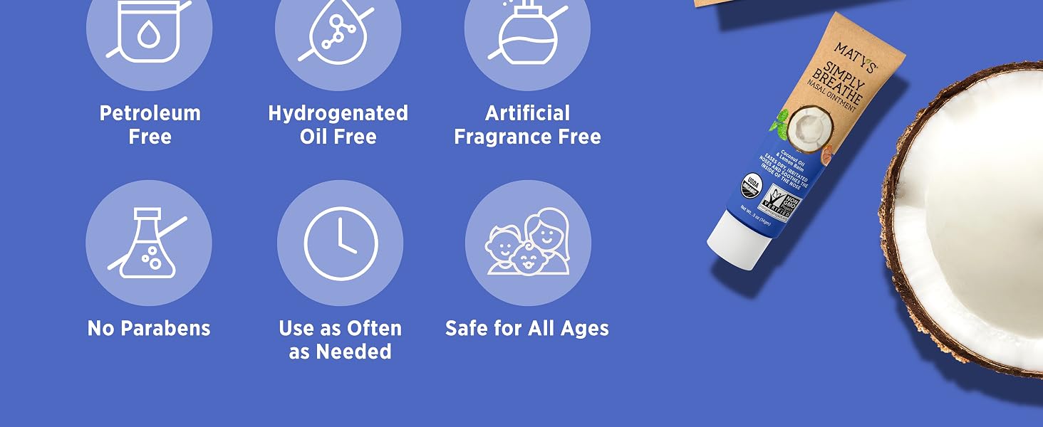 Maty's Simply Breathe Nasal Ointment is Petroleum Free, Paraben Free, Safe for all Ages. Coconut Oil
