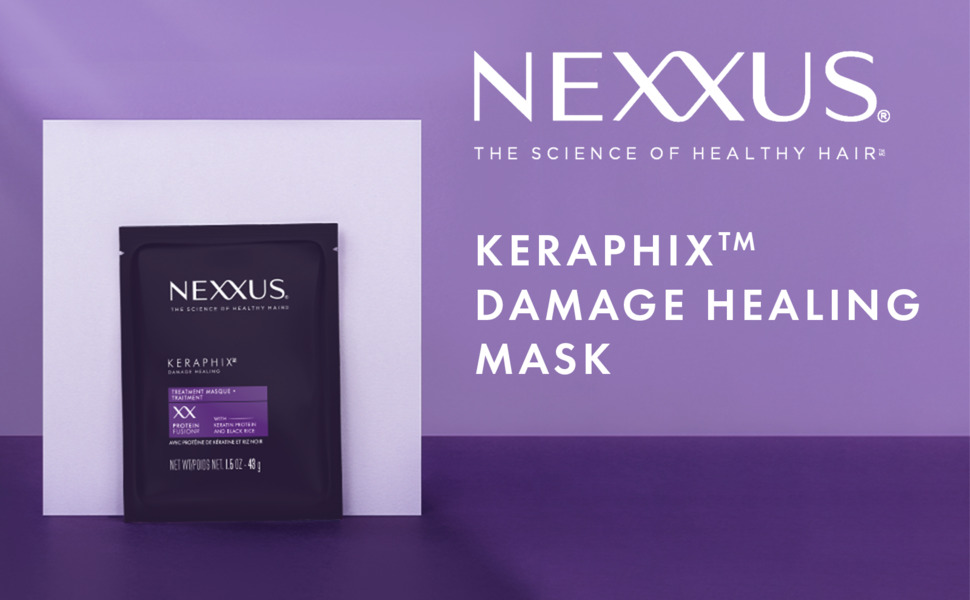 Nexxus KERAPHIX DAMAGE HEALING MASK on violet and purple background.