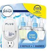 Febreze Plug In Air Fresheners, Linen & Sky Scent, Odor Fighter for Strong Odors, 1 Warmer + 2 Oi...