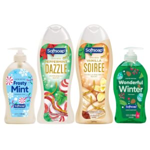 Softsoap Holiday Hand Soap and Body Wash Collection, 4 Piece Set, Peppermint Pine Vanilla Scents