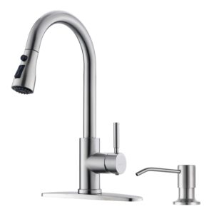 WEWE Pull Down Kitchen Faucet with Soap Dispenser, 3 Modes, Brushed Nickel