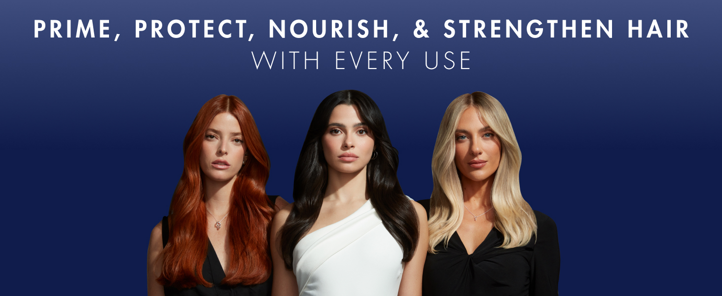 Three diverse women with long, healthy-looking hair & different hair colors. Text on top of them.