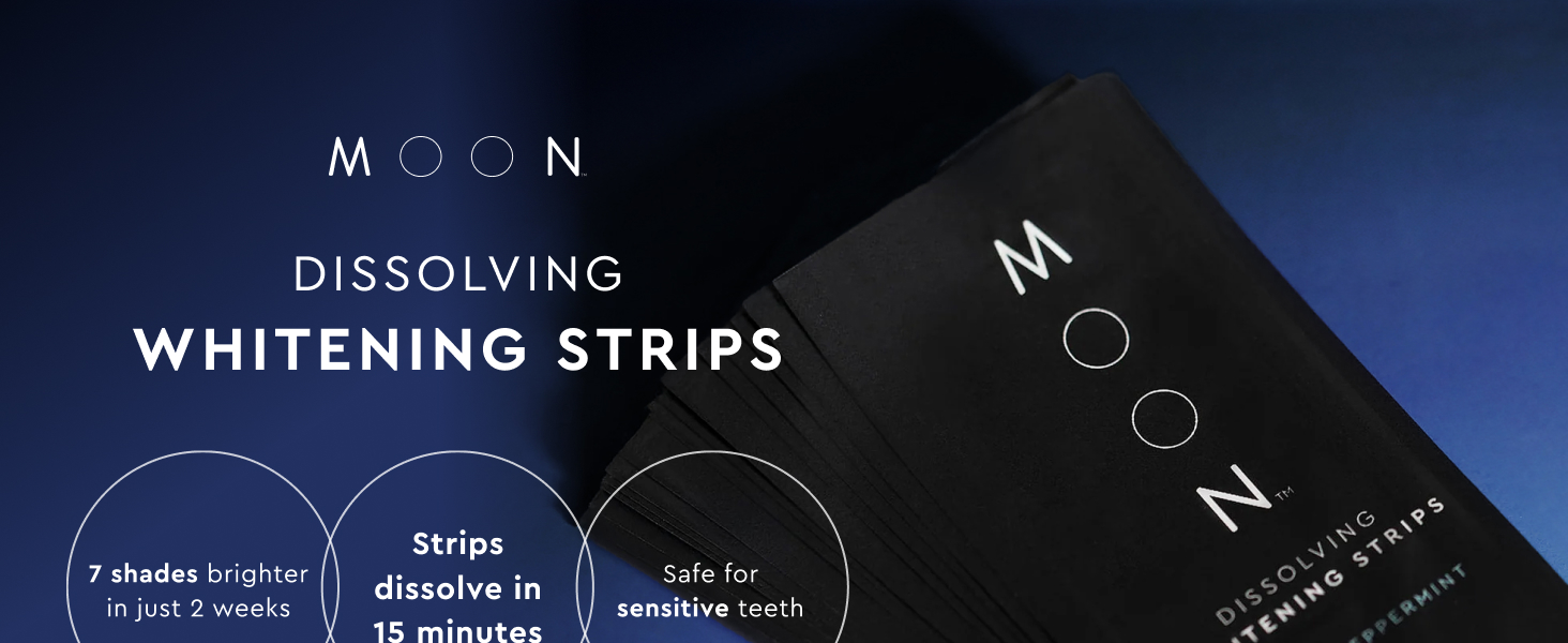 moon dissolving whitening strips, 7 shades brighter in 2 weeks, strips dissolve in 15 minutes