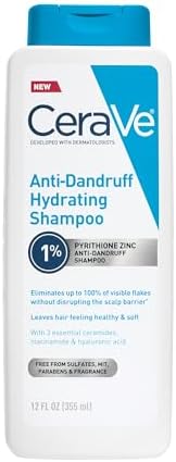 CeraVe Hydrating Anti Dandruff Shampoo, 1% Pyrithione Zinc Dandruff Treatment With Ceramides, Niacinamide & Hyaluronic Acid, Helps Eliminate Flakes & Provides Itchy Scalp Relief, Sulfate Free, 12 Oz