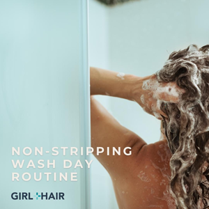 Woman facing her back and shampooing her hair with Girl+Hair slogan and logo