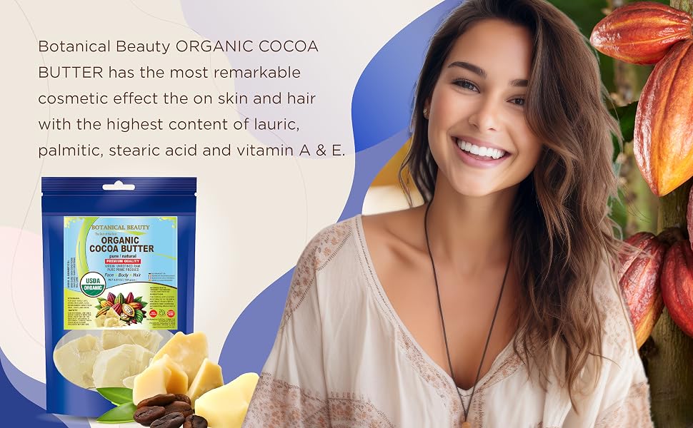 The woman cares for her skin and hair with Organic Cocoa Butter.
