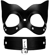 Vtrem Cat Leather Mask Set: Cat Masquerade Mask and Wide Collar Choker with Bell Halloween Mardi ...