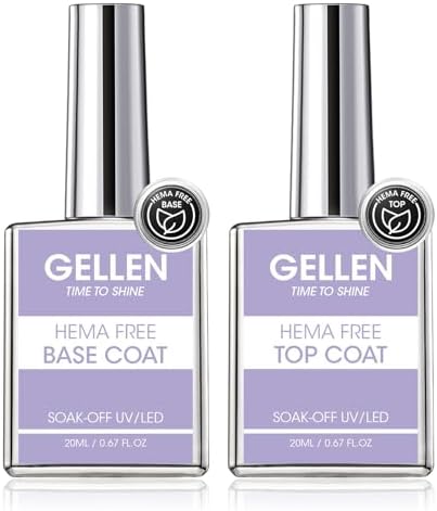 GELLEN 20ml Gel Base and Top Coat, Hema-Free Glossy Top Coat and Base Coat for Gel Nail Polish, No Wipe Soak Off Curing Needed Clear Nail Polish, Easy DIY Manicure Set