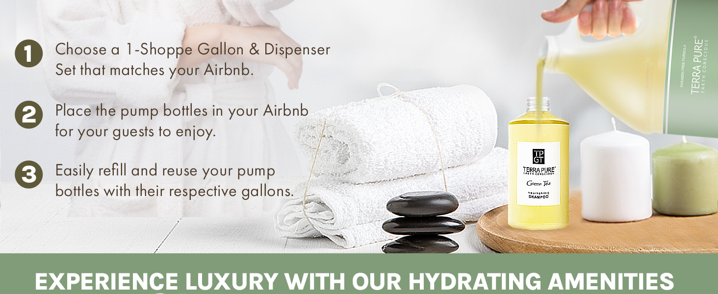 Terra Pure Green Tea Pumps & Gallons Hospitality Set Shampoo Conditioner Body Wash