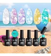 GLOSS Jelly Gel Nail Polish | Set of Spring Colors, 6 Pcs Color Base with White Sparkle, Pink Gli...