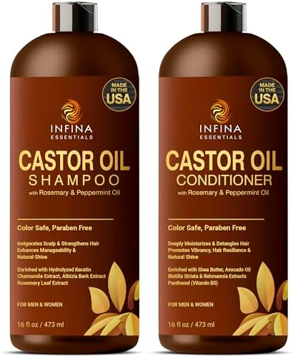 Castor Oil Shampoo and Conditioner Set for Hair Growth with Rosemary & Peppermint Oil - Cleanse Hair, Strengthen & Shine with Castor Shampoo and Conditioner - Anti-Hair Loss for Men & Women - 16 fl oz