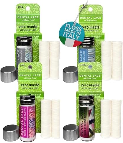 Dental Lace Refillable Silk Dental Floss | Multi-Color Glass Containers - 100% Silk Floss with Mint Flavor, PFAS & PTFE Free (Total 66 Yards) – Eco-Friendly Recyclable Packaging (Pack of 4)