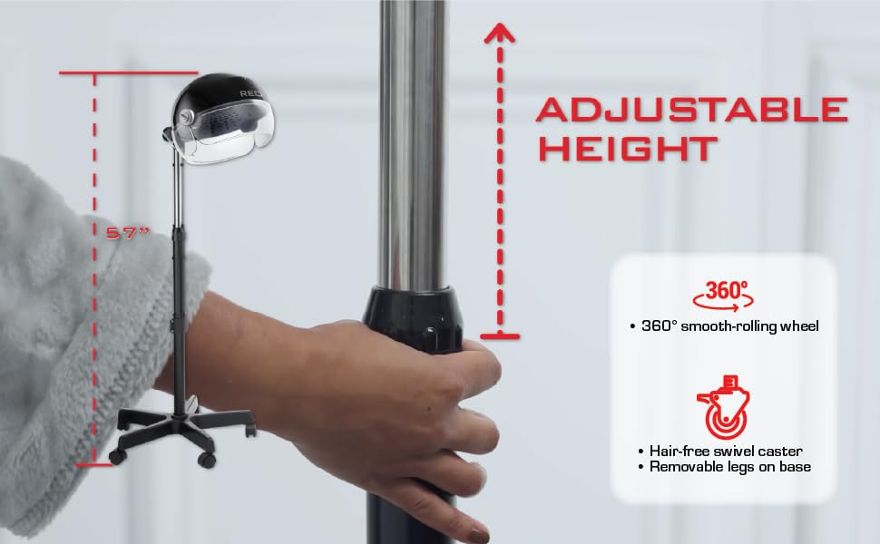 Adjustable height, 360 degree smooth rolling wheels, removable legs & base