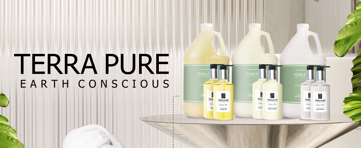 Terra Pure Green Tea Pumps & Gallons Hospitality Set Shampoo Conditioner Body Wash