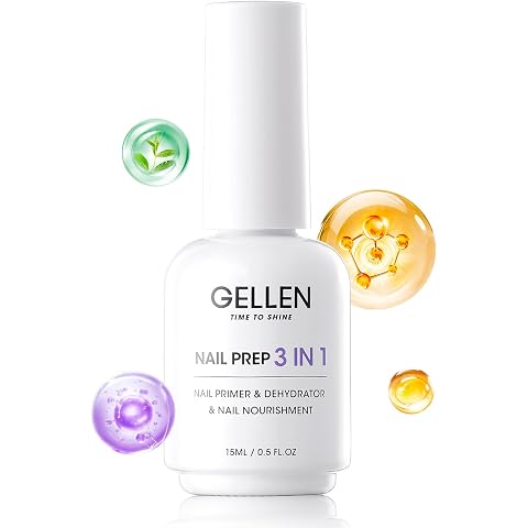 GELLEN Nail Primer and Dehydrator, 3-in-1 Acid-free Nourishing Nail Prep for Gel & Acrylic Nails, Gentle with Squalane VE Promote Health, 15ML 3s Air Dry Dehydrate Long-lasting Nails Art Supplies