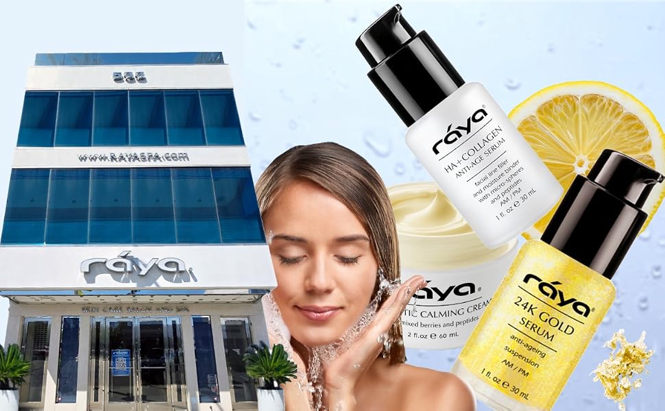 exterior image of raya spa, a woman splashing water in her face, 2 serums, 1 cream, a lemon slice