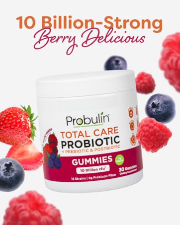 10 Billion CFU Probiotic, Prebiotic, Postbiotic Gummies, total gut support, berry flavor