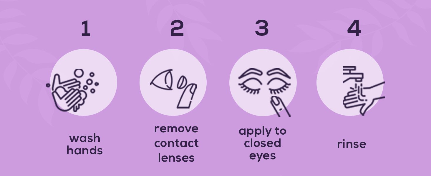 How to use; Wash hands, Remove Contact lenses, allpy to closed eyes, rinse
