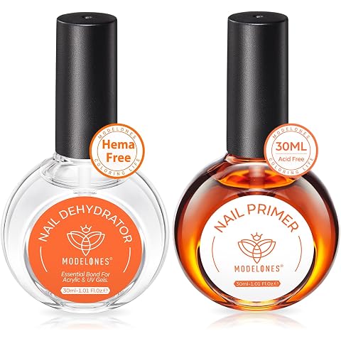 modelones 30 ml Nail Dehydrator and Primer, Acid Free Natural Prep Dehydrate & Bond Primer Kit, Hema-Free Acrylic Nail Supplies Top Coat