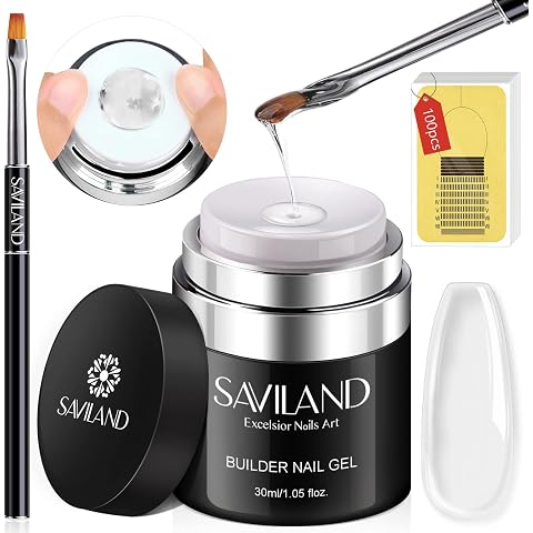 SAVILAND Builder with Air Cushion Design, Clear Hard Gel for Extension, Builder Base &Strengthener Art Manicure Set with 100pcs Forms and Acrylic Brush