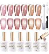Gellen Glitter Cat Eye Gel Nail Polish Set with Magnet, 6 Colors Pink Nude Gold Gel Polish Kit, R...