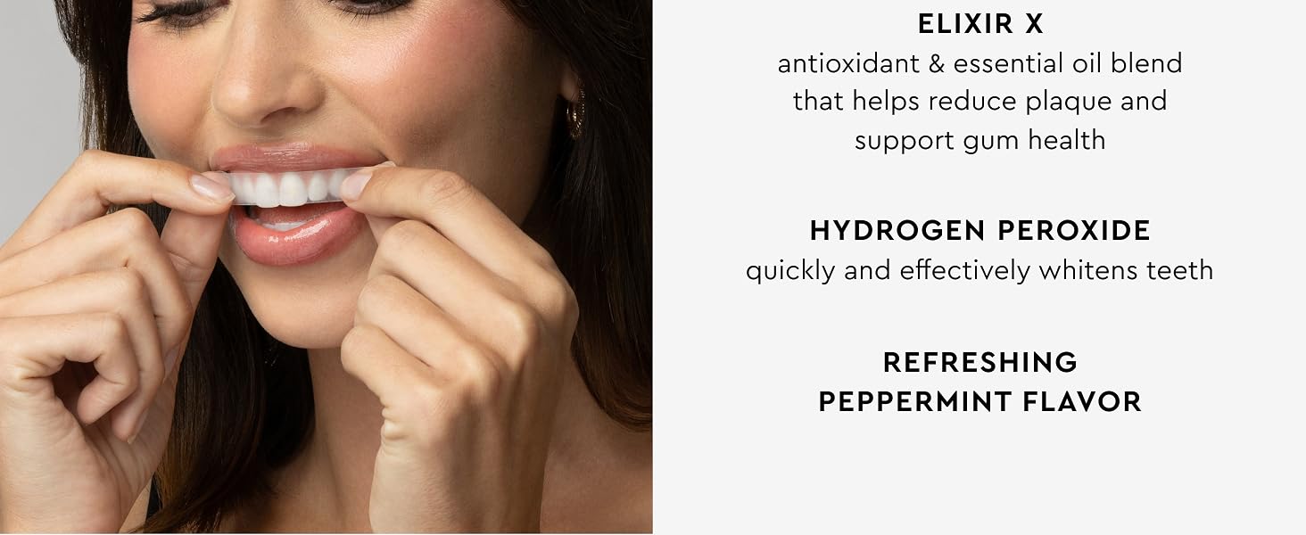 key ingredients elixir x to reduce plaque, support gum health, hydrogen peroxide, peppermint flavor