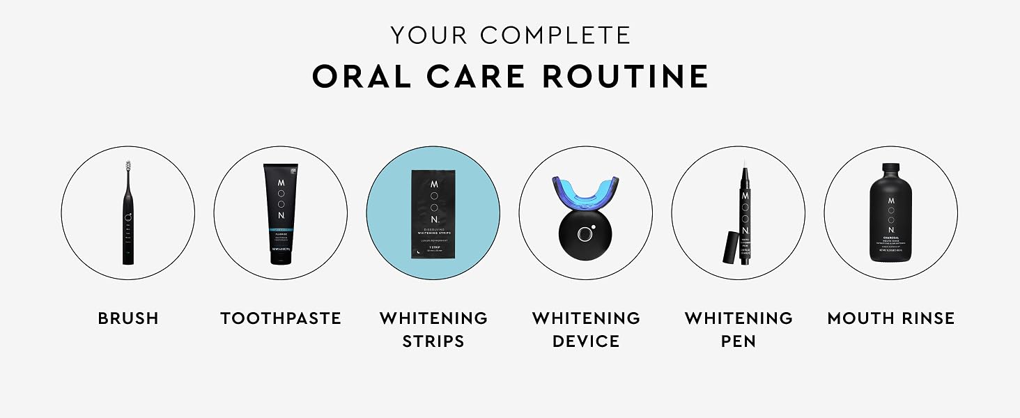 your complete oral care routine, toothbrush, toothpaste, whitening strips, device, pen, mouth rinse