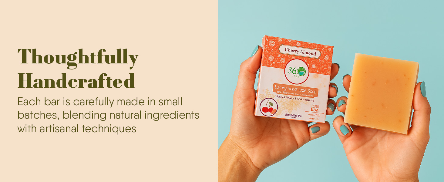 handmade artisan soap, small batch natural soap, cherry almond soap bar, exfoliating cold process