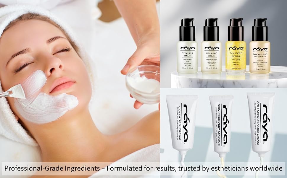 a woman getting a facial, 4 serums, and 3 sample products