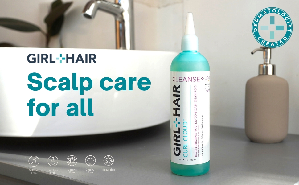 GIRL+HAIR Cleanse shampoo product next to a white bathroom sink