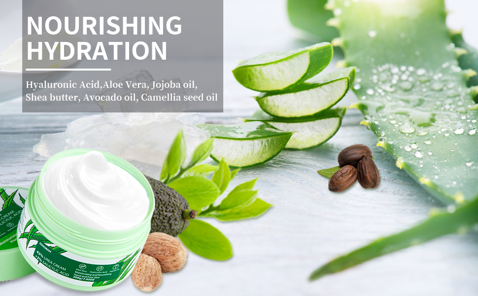 Hyaluronic Acid， Aloe Vera, Jojoba oil, Shea butter, Avocado oil, Camellia seed oil