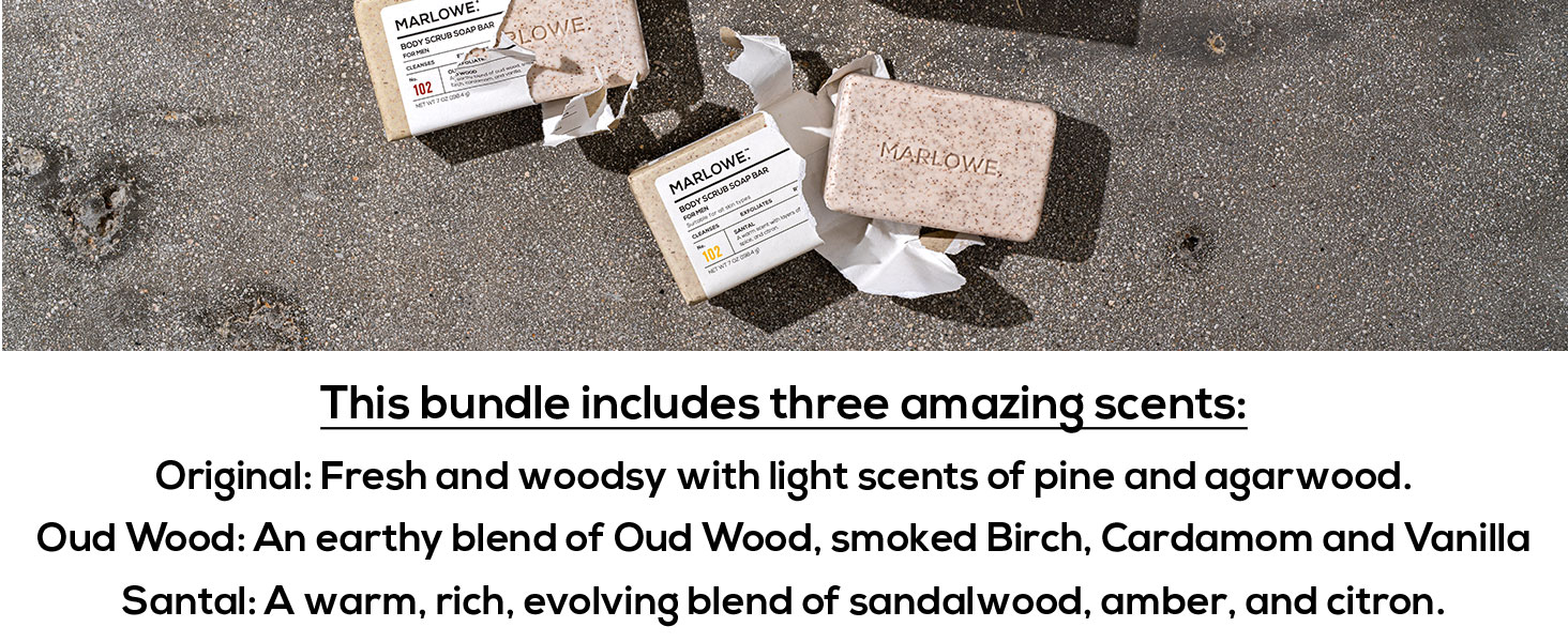 MARLOWE. No. 102 Variety Trio Body Scrub Soap Bar Variety 3 Pack