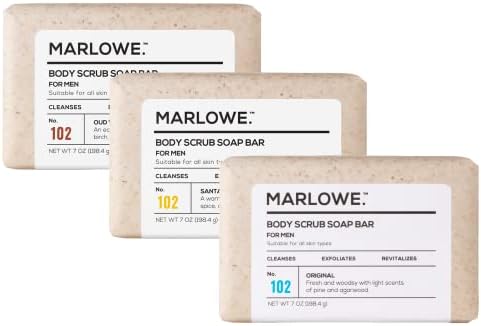 MARLOWE. No. 102 Men's Body Scrub Soap 7oz (Variety Trio) Best Exfoliating Body Soap Bars for Men, Made with Natural Ingredients, Green Tea Extract, Features 3 Amazing Scents