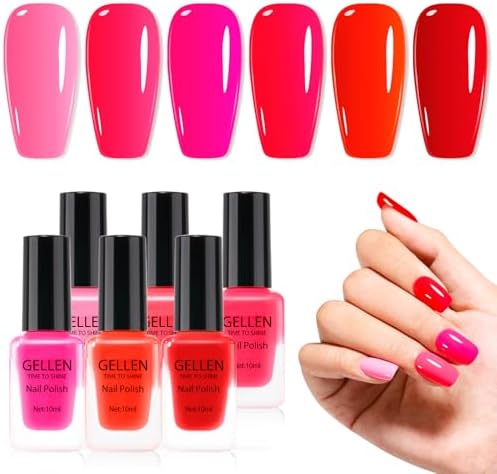 GELLEN Red Pink Nail Polish, Quick Air Dry Natural Traditional Regular Nail Polish Bright Red Hot Pink Set for Acrylic Natural Nails Home Salon, Non UV Gel, Chip Resistant, Hema Free, Non-toxic, 10ml